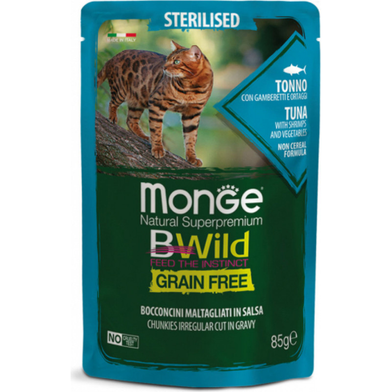 Monge BWILD pouches Cat Sterilised Tuna with shrimps, vegetables 85g  - konservi kaķiem